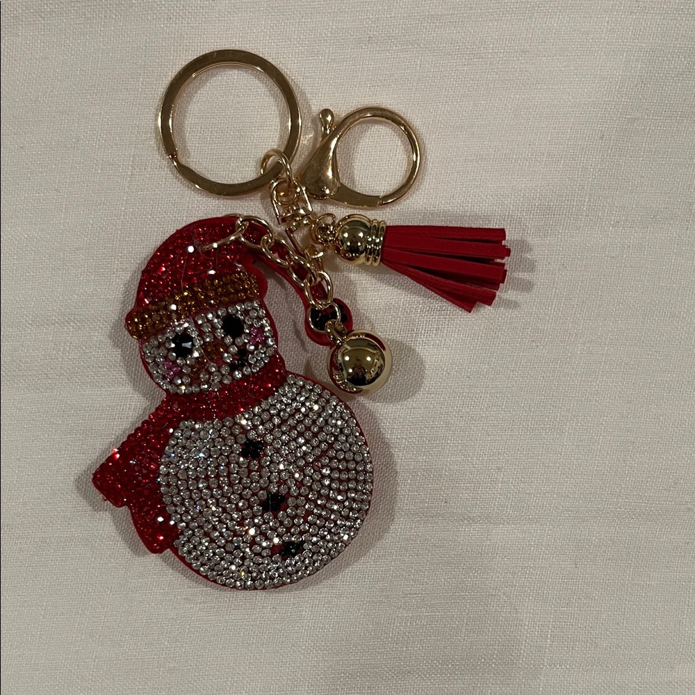 Sparkling Snowman Bag Charm/Keychain with Red and Gold Details
